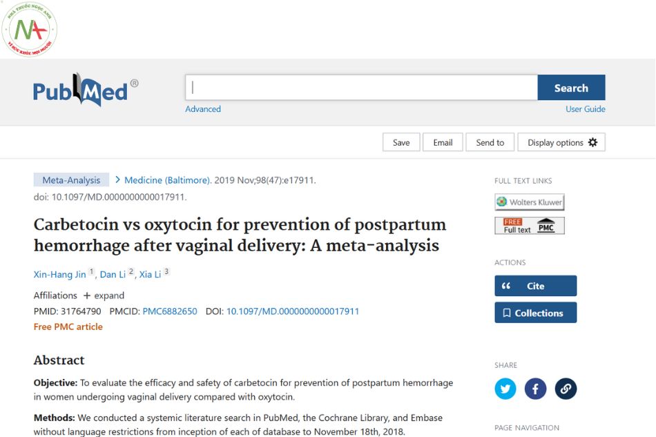 Carbetocin vs oxytocin for prevention of postpartum hemorrhage after vaginal delivery: A meta-analysis