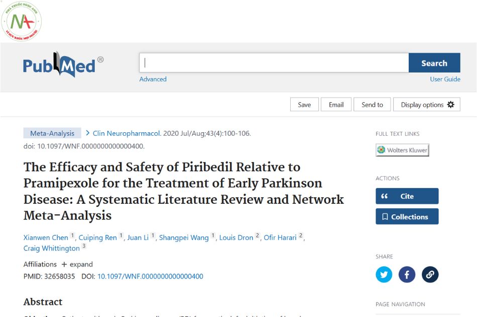 The Efficacy and Safety of Piribedil Relative to Pramipexole for the Treatment of Early Parkinson Disease: A Systematic Literature Review and Network Meta-Analysis