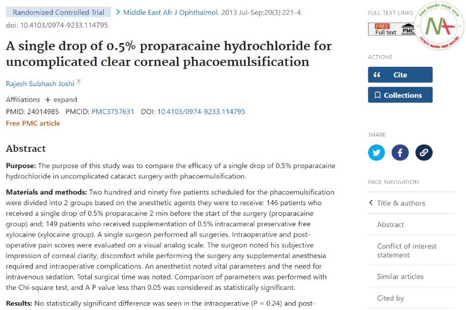A single drop of 0.5% proparacaine hydrochloride for uncomplicated clear corneal phacoemulsification