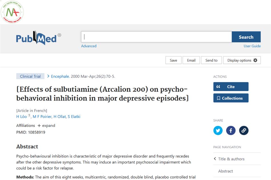Etude des effets de la sulbutiamine (Arcalion 200) sur l'inhibition psychocomportementale des épisodes dépressifs majeurs