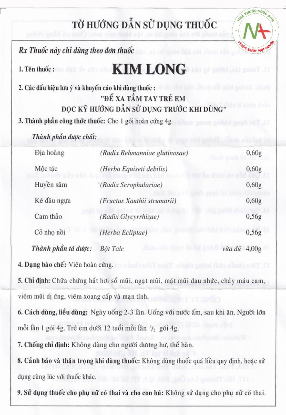 Hướng dẫn sử dụng Thuốc Kim Long