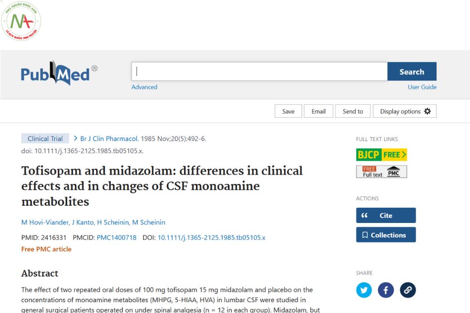 Tofisopam and midazolam: differences in clinical effects and in changes of CSF monoamine metabolites