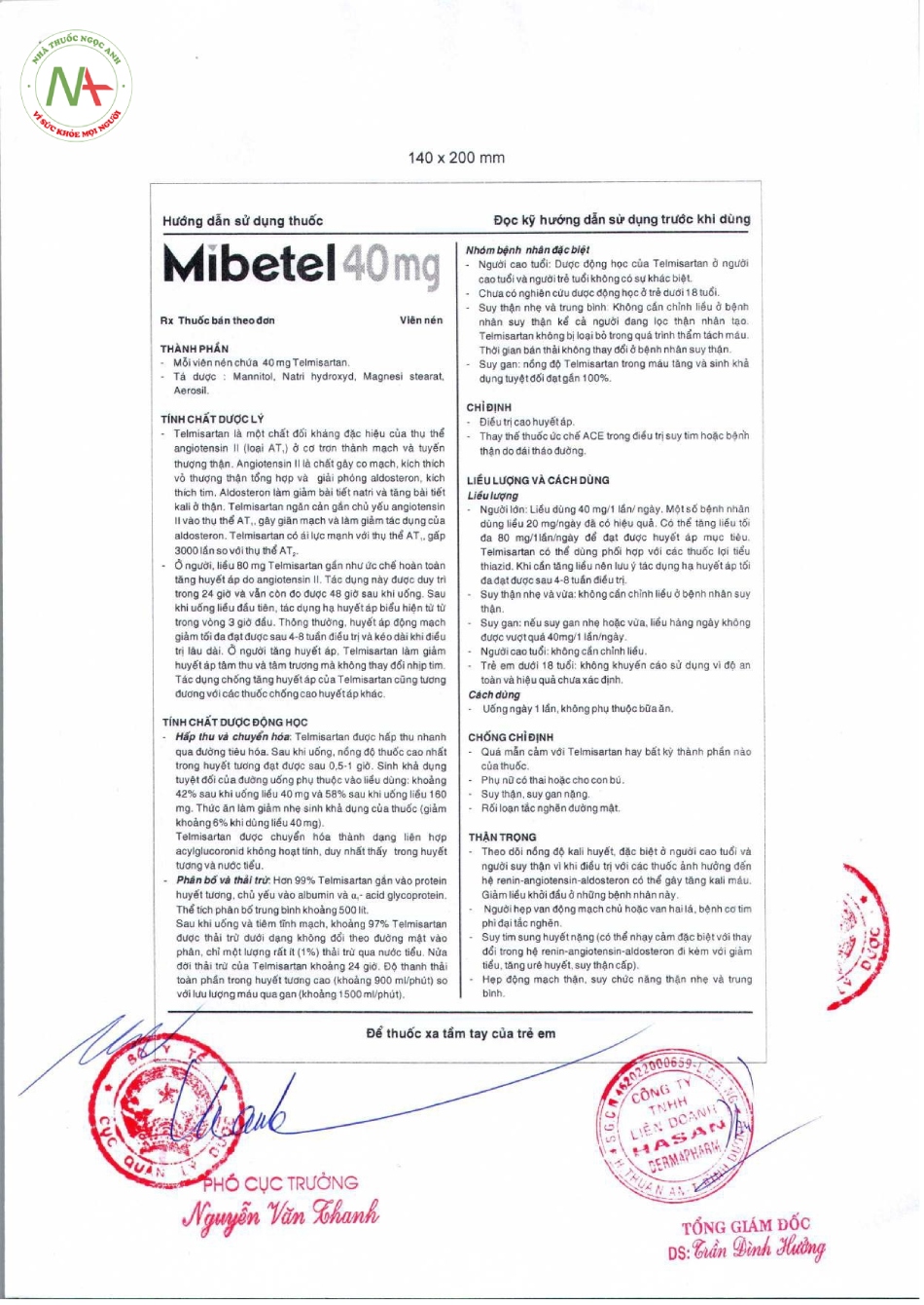 Hướng dẫn sử dụng thuốc Mibetel 40mg Hasan