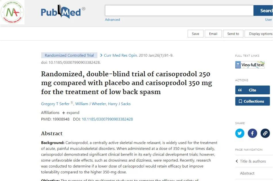 Randomized, double-blind trial of Carisoprodol 250 mg versus placebo and Carisoprodol 350 mg for the treatment of low back spasms