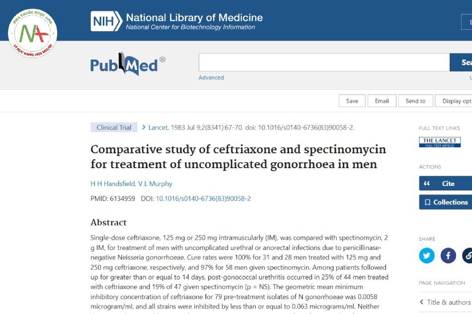 Comparative study of ceftriaxone and spectinomycin for treatment of uncomplicated gonorrhoea in men 