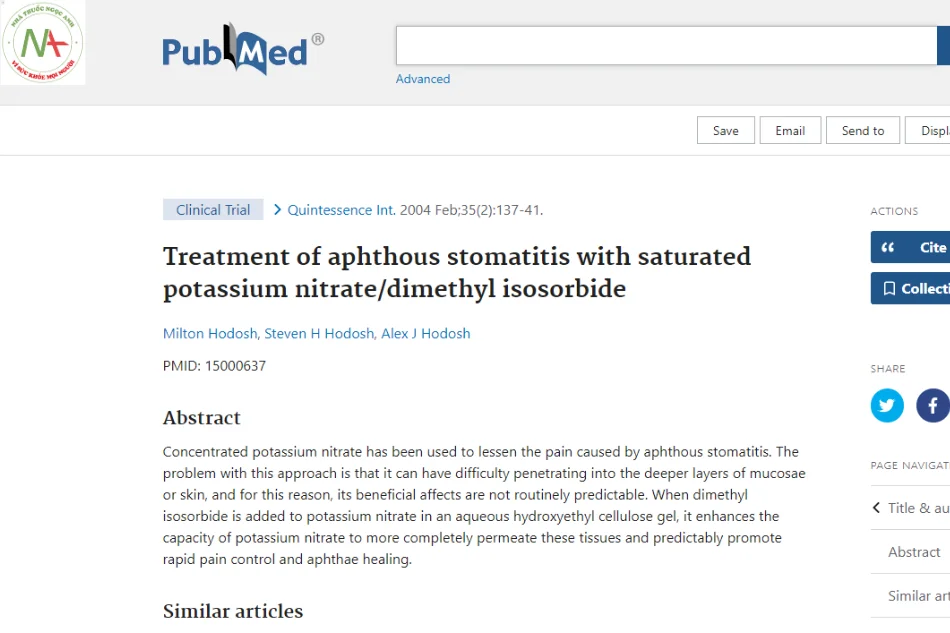 Treatment of aphthous stomatitis with saturated potassium nitrate/dimethyl isosorbide
