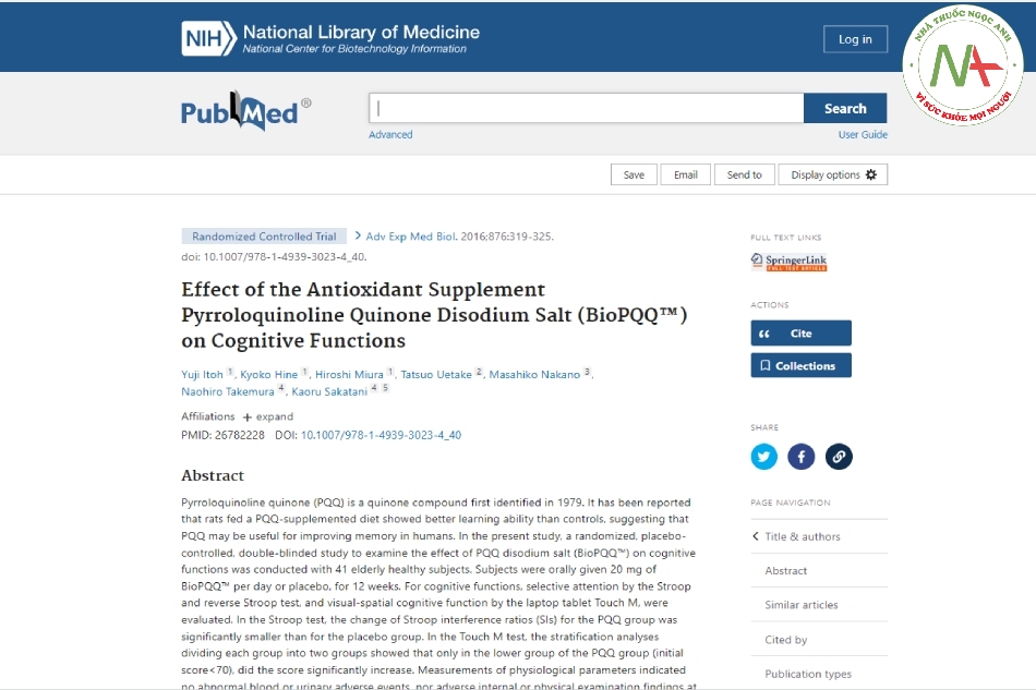 Effect of the Antioxidant Supplement Pyrroloquinoline Quinone Disodium Salt (BioPQQ™) on Cognitive Functions 