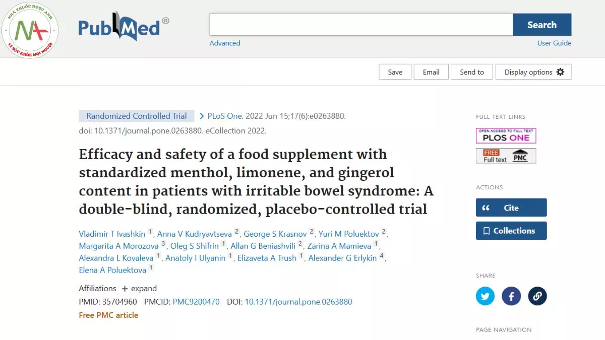 Efficacy and safety of a food supplement with standardized menthol, limonene, and gingerol content in patients with irritable bowel syndrome: A double-blind, randomized, placebo-controlled trial