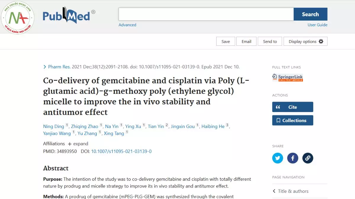 Co-delivery of gemcitabine and cisplatin via poly (L-glutamic axit)-g-methoxy poly (ethylene glycol) micelle to improve the in vivo stability and antitumor effect