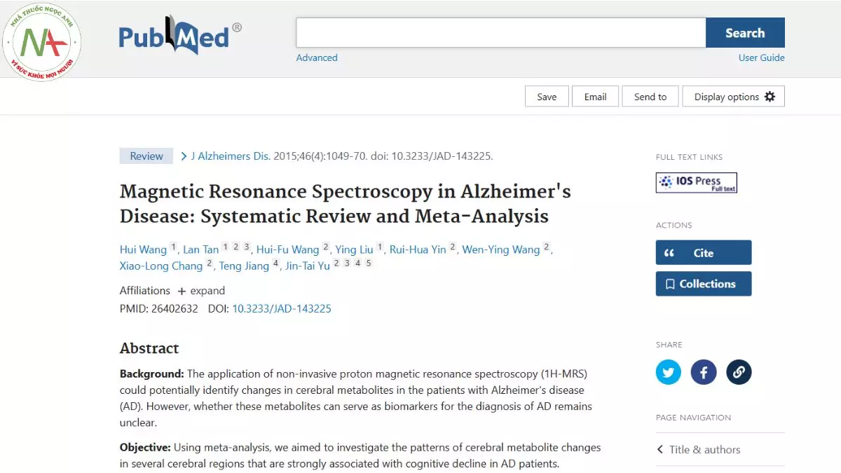 Magnetic Resonance Spectroscopy in Alzheimer's Disease: Systematic Review and Meta-Analysis
