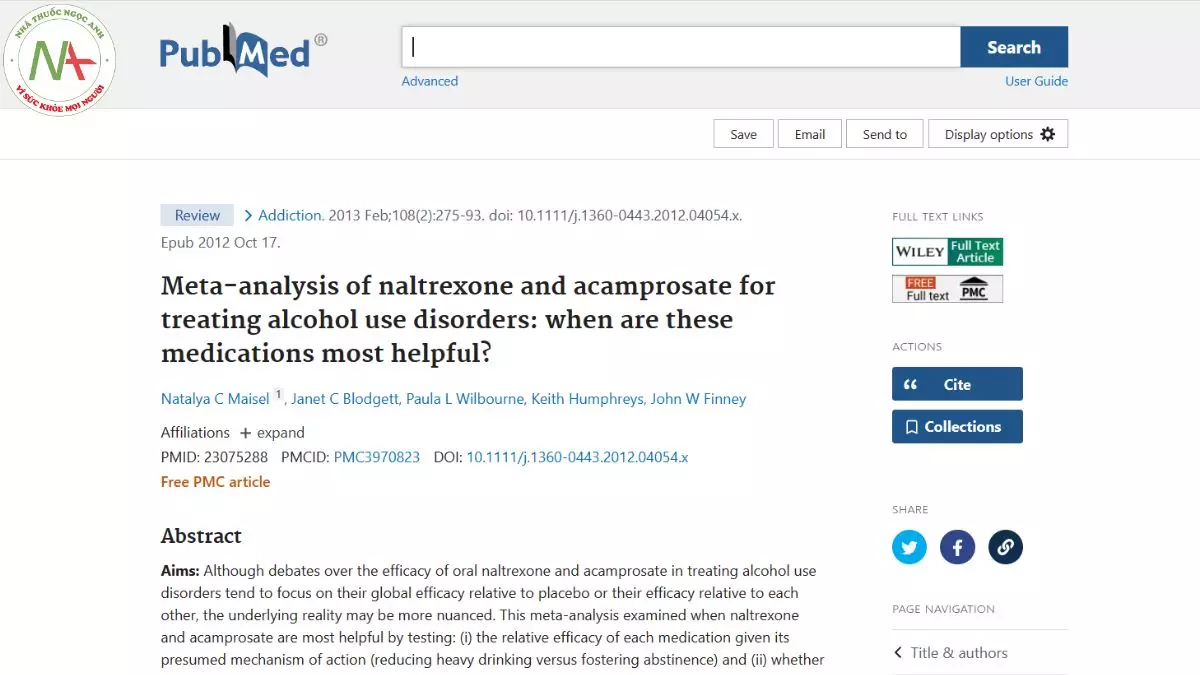 Meta-analysis of naltrexone and acamprosate for treating alcohol use disorders: when are these medications most helpful?