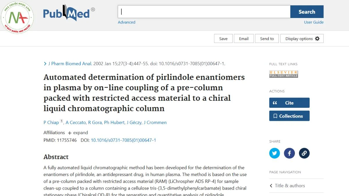 Automated determination of pirlindole enantiomers in plasma by on-line coupling of a pre-column packed with restricted access material to a chiral liquid chromatographic column