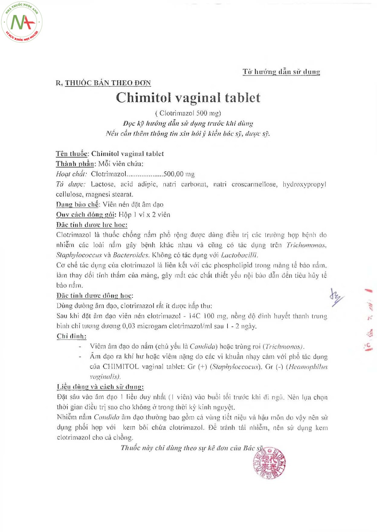 Hướng dẫn sử dụng thuốc đặt Chimitol Vaginal Tablet