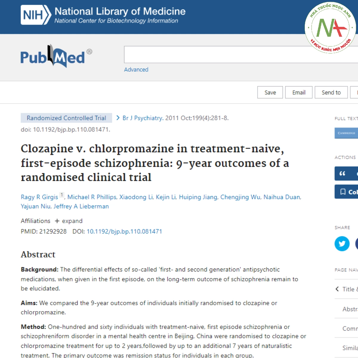 Clozapine v. chlorpromazine in treatment-naive, first-episode schizophrenia: 9-year outcomes of a randomised clinical trial