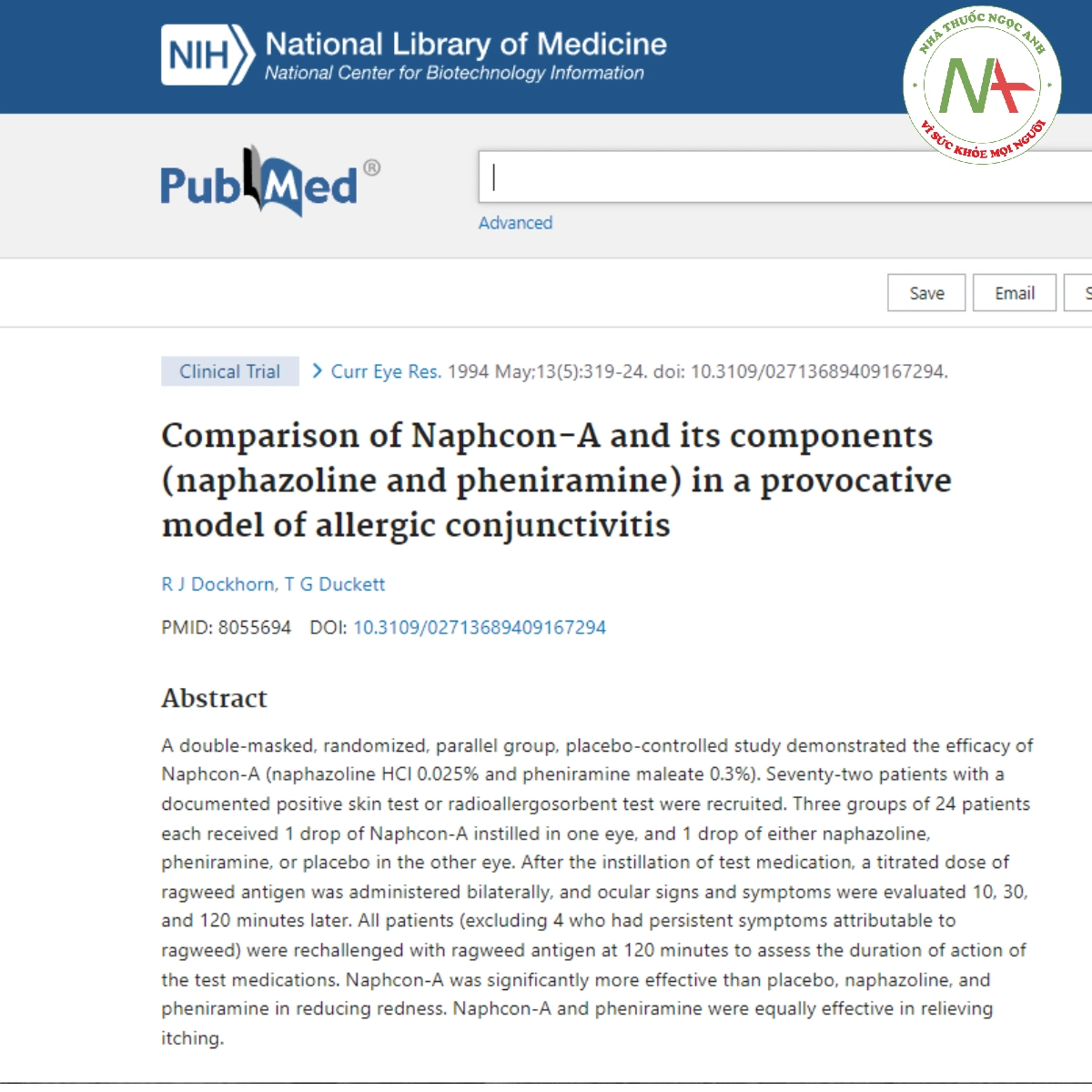 Comparison of Naphcon-A and its components (naphazoline and pheniramine) in a provocative model of allergic conjunctivitis