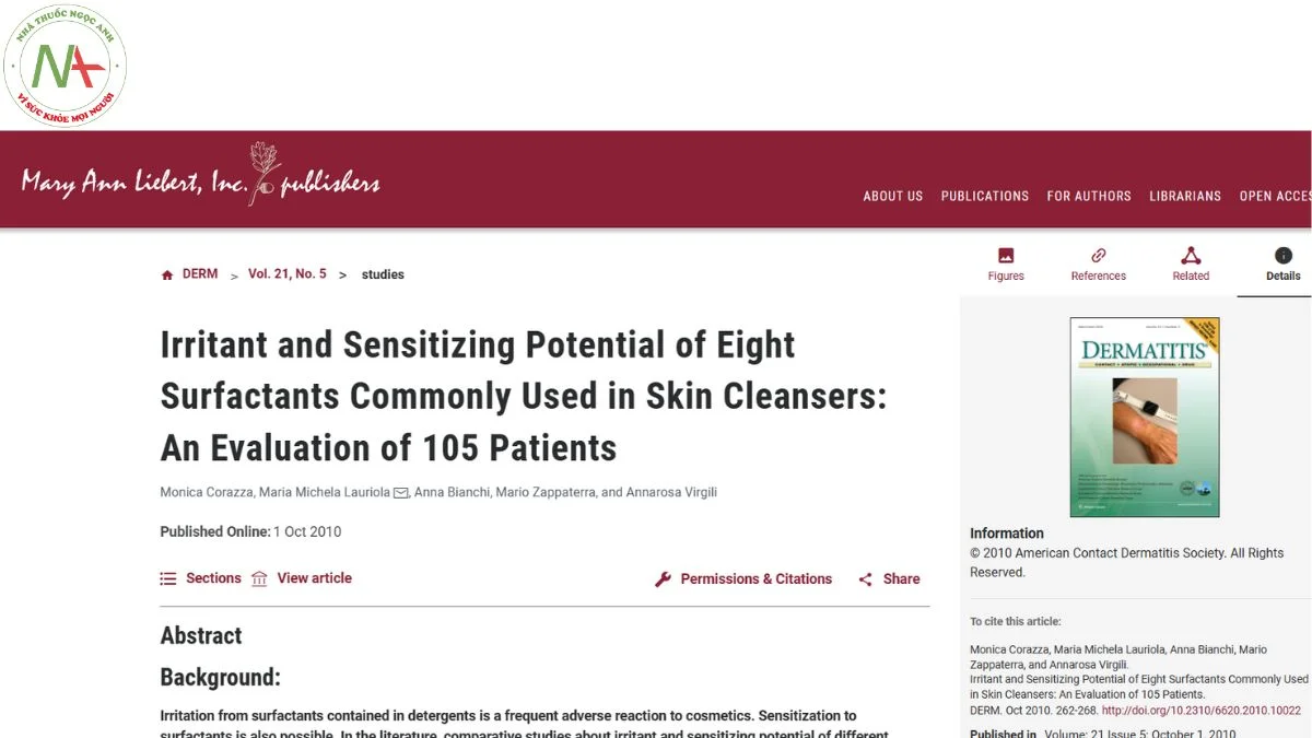 Irritant and Sensitizing Potential of Eight Surfactants Commonly Used in Skin Cleansers: An Evaluation of 105 Patients