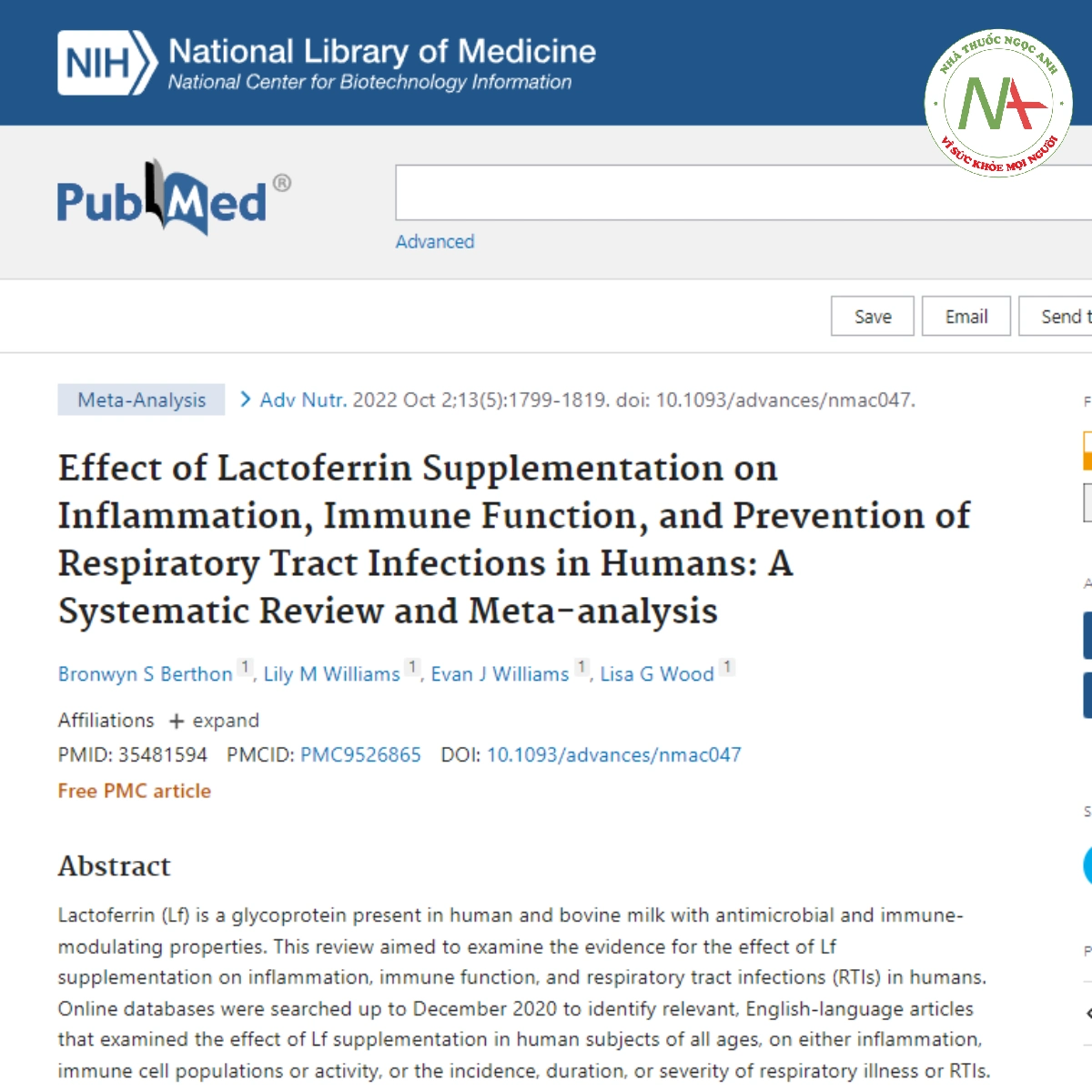 Effect of Lactoferrin Supplementation on Inflammation, Immune Function, and Prevention of Respiratory Tract Infections in Humans: A Systematic Review and Meta-analysis