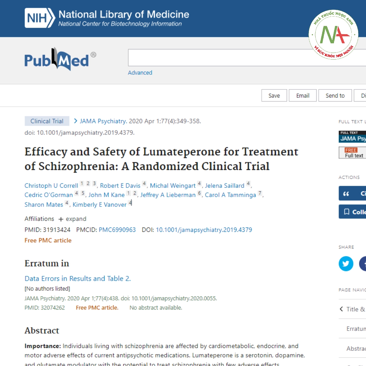 Efficacy and Safety of Lumateperone for Treatment of Schizophrenia: A Randomized Clinical Trial