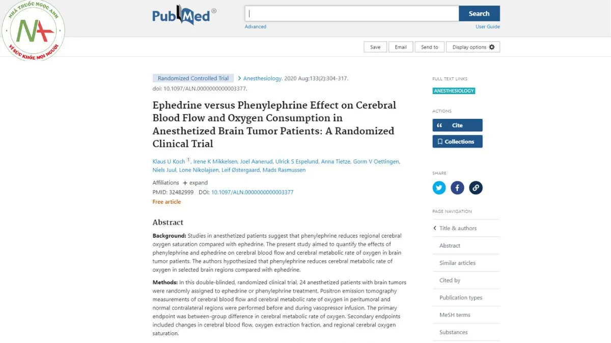 Ephedrine versus phenylephrine effect on cerebral blood flow and oxygen consumption in anesthetized brain tumor patients: a randomized clinical trial.