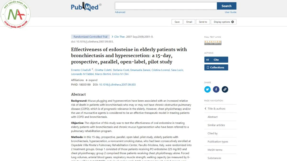 Effectiveness of erdosteine in elderly patients with bronchiectasis and hypersecretion: a 15-day, prospective, parallel, open-label, pilot study.
