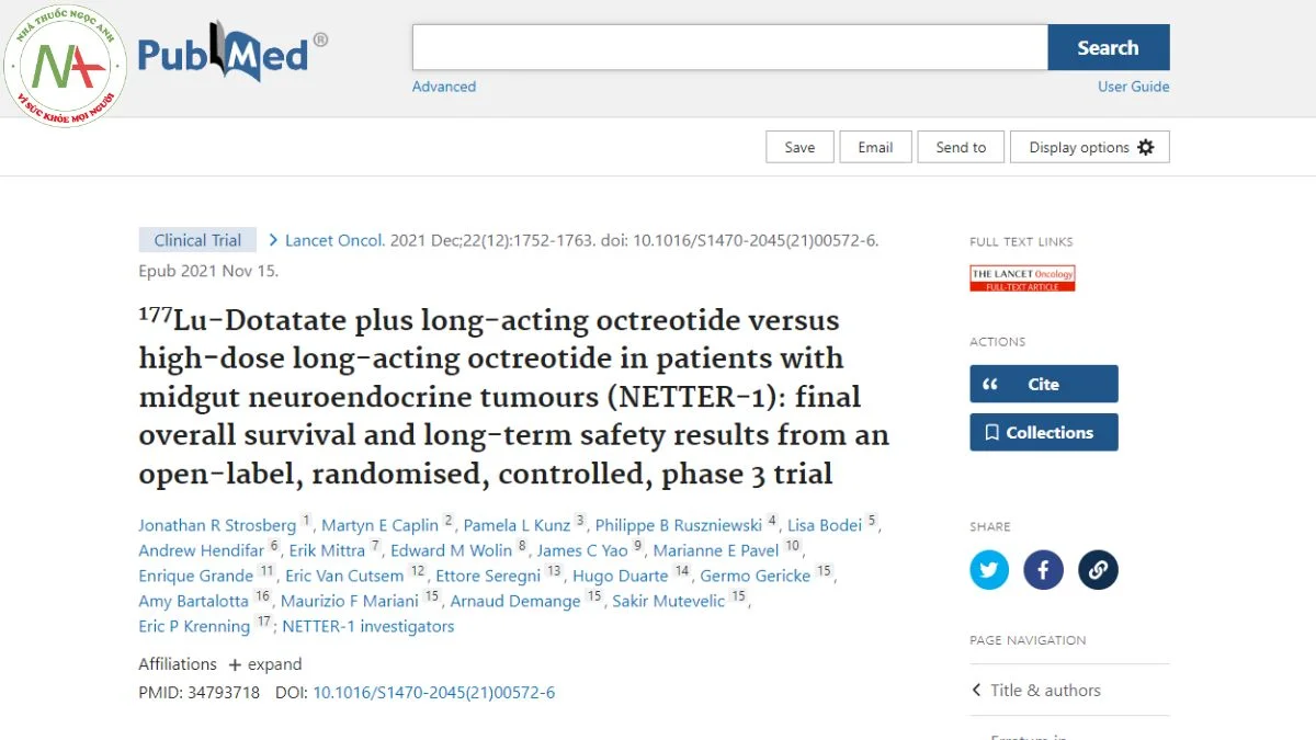 177Lu-Dotatate plus long-acting octreotide versus high‑dose long-acting octreotide in patients with midgut neuroendocrine tumours (NETTER-1): final overall survival and long-term safety results from an open-label, randomised, controlled, phase 3 trial.