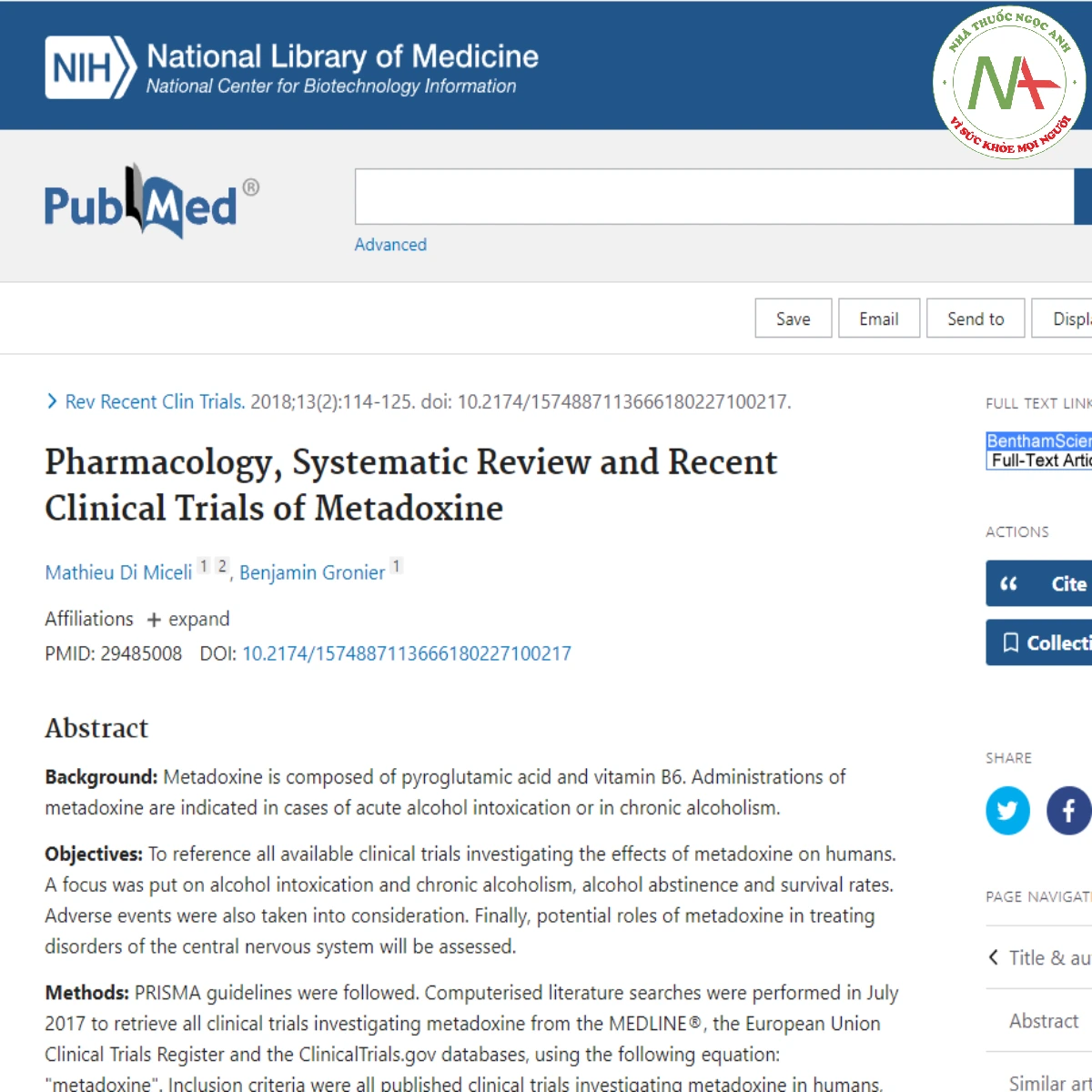 Pharmacology, Systematic Review and Recent Clinical Trials of Metadoxine