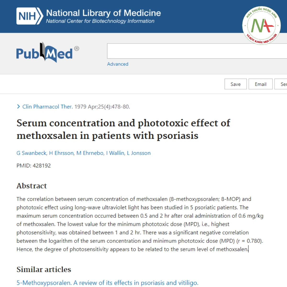 Serum concentration and phototoxic effect of methoxsalen in patients with psoriasis