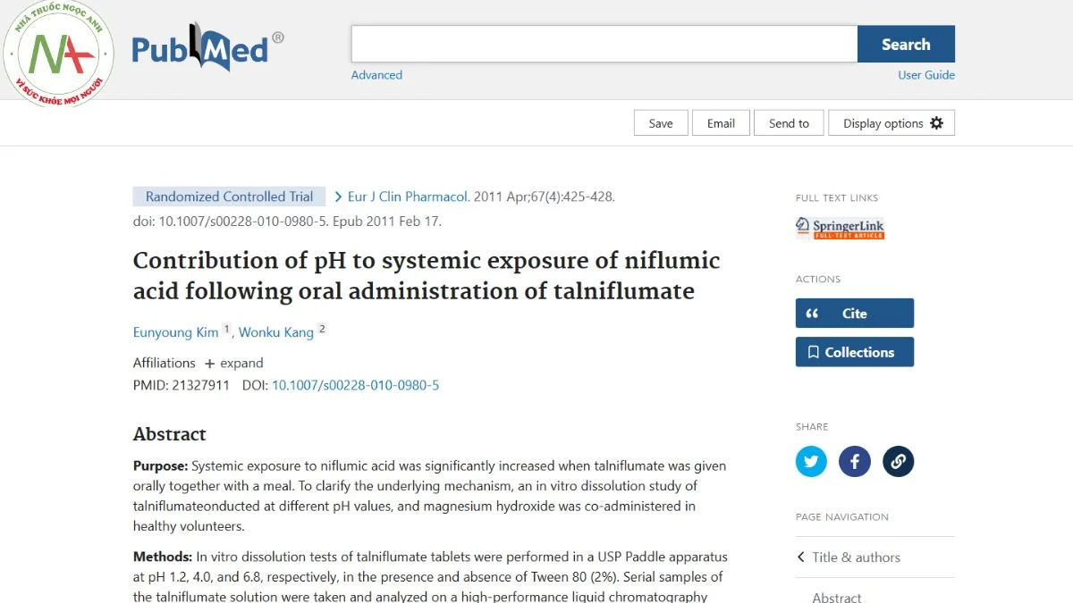 Contribution of pH to systemic exposure of niflumic acid following oral administration of talniflumate