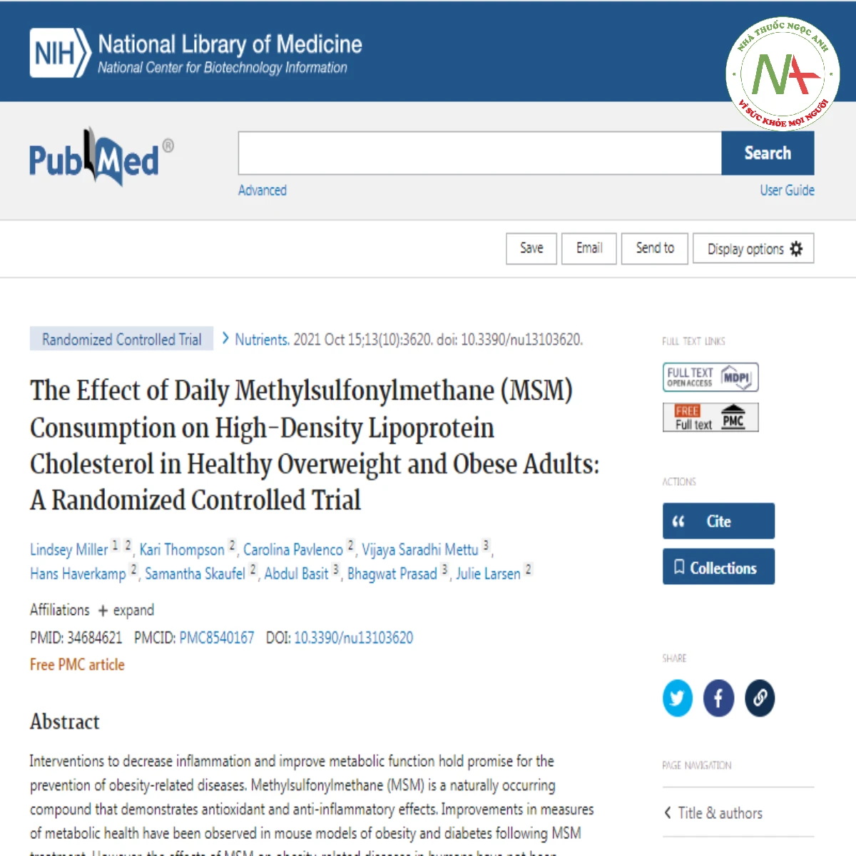 The Effect of Daily Methylsulfonylmethane (MSM) Consumption on High-Density Lipoprotein Cholesterol in Healthy Overweight and Obese Adults: A Randomized Controlled Trial