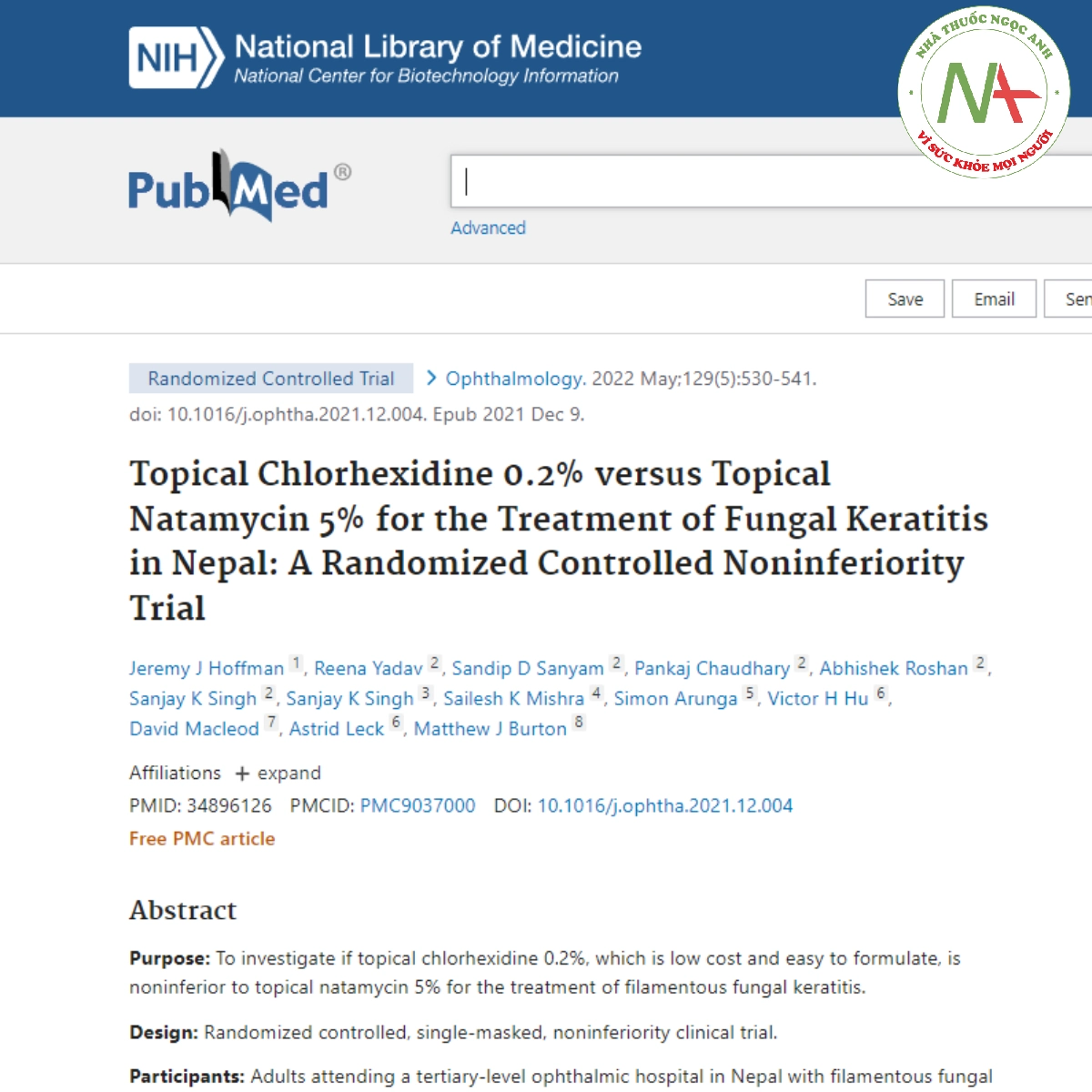 Topical Chlorhexidine 0.2% versus Topical Natamycin 5% for the Treatment of Fungal Keratitis in Nepal_ A Randomized Controlled Noninferiority Trial 