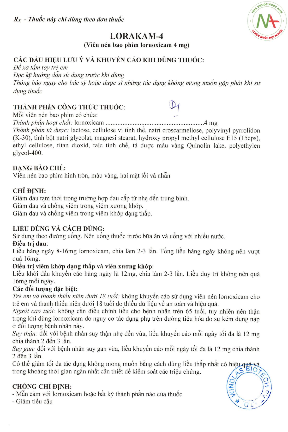 Hướng dẫn sử dụng thuốc Lorakam-4 trang 1