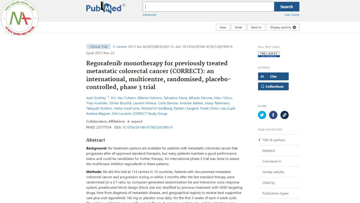 Regorafenib monotherapy for previously treated metastatic colorectal cancer (CORRECT): an international, multicentre, randomised, placebo-controlled, phase 3 trial