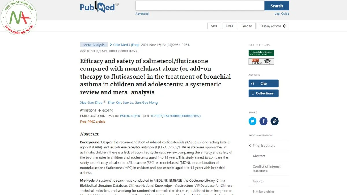 Efficacy and safety of salmeterol/fluticasone compared with montelukast alone (or add-on therapy to fluticasone) in the treatment of bronchial asthma in children and adolescents: a systematic review and meta-analysis.