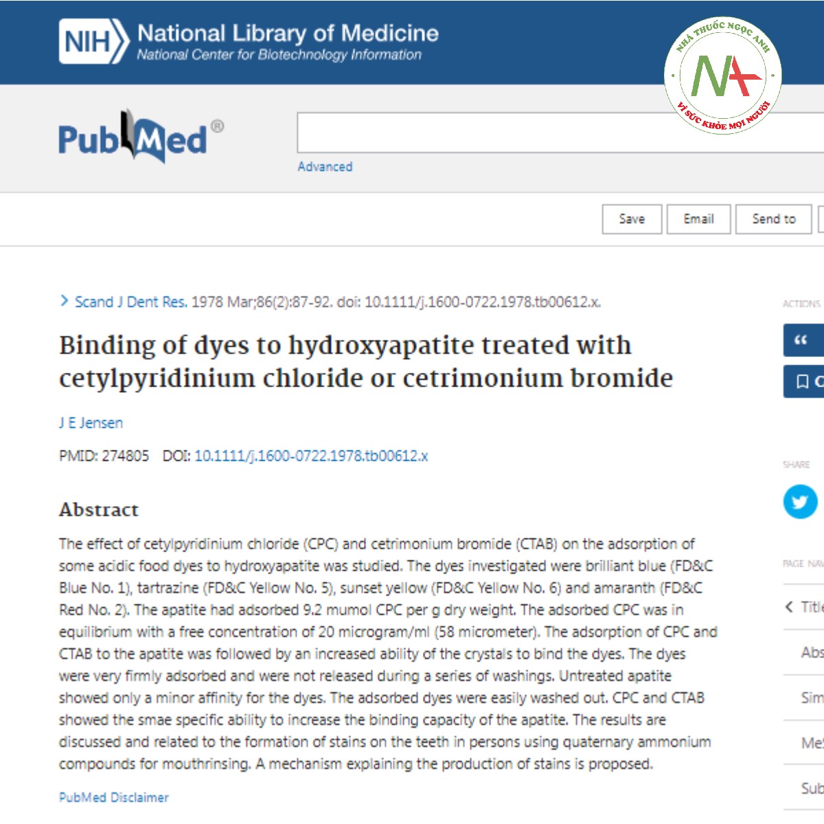 Binding of dyes to hydroxyapatite treated with cetylpyridinium chloride or cetrimonium bromide