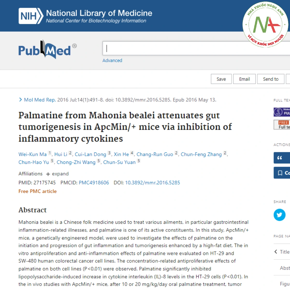 Palmatine from Mahonia bealei attenuates gut tumorigenesis in ApcMin_+ mice via inhibition of inflammatory cytokines
