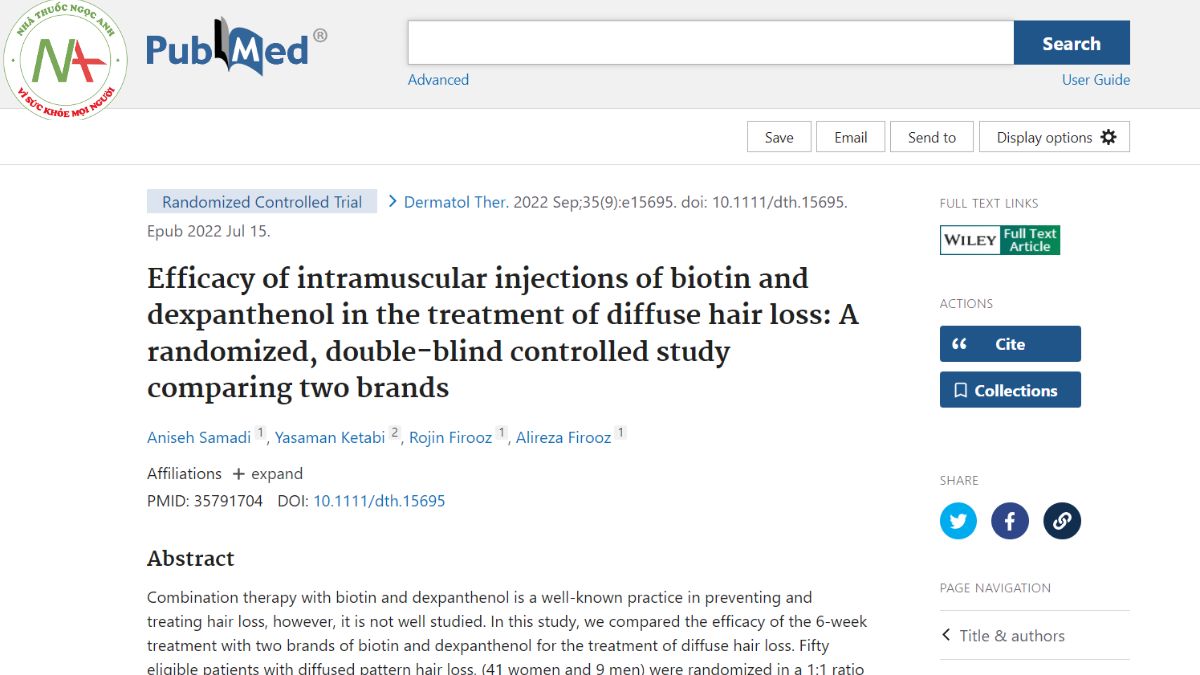 Efficacy of intramuscular injections of biotin and dexpanthenol in the treatment of diffuse hair loss: A randomized, double-blind controlled study comparing two brands