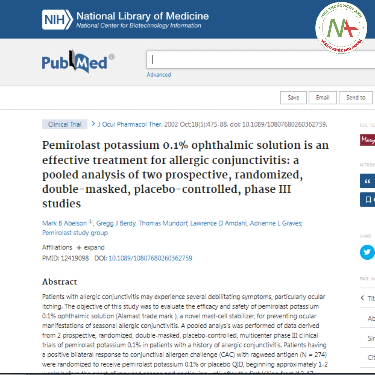 Pemirolast potassium 0.1% ophthalmic solution is an effective treatment for allergic conjunctivitis: a pooled analysis of two prospective, randomized, double-masked, placebo-controlled, phase III studies