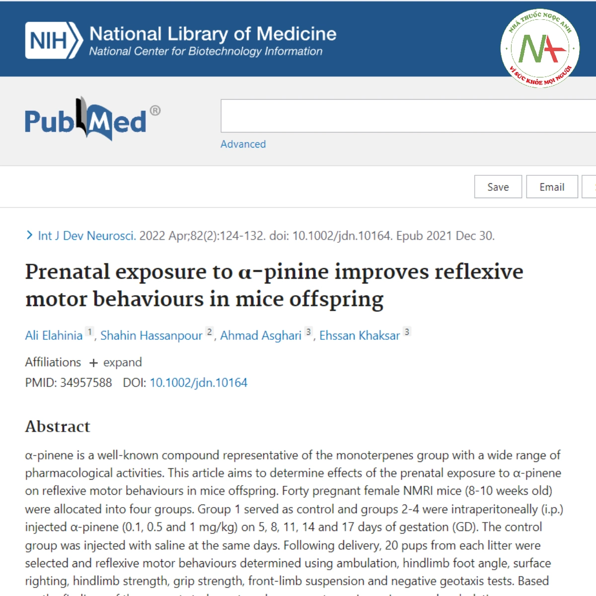 Prenatal exposure to α-pinine improves reflexive motor behaviours in mice offspring