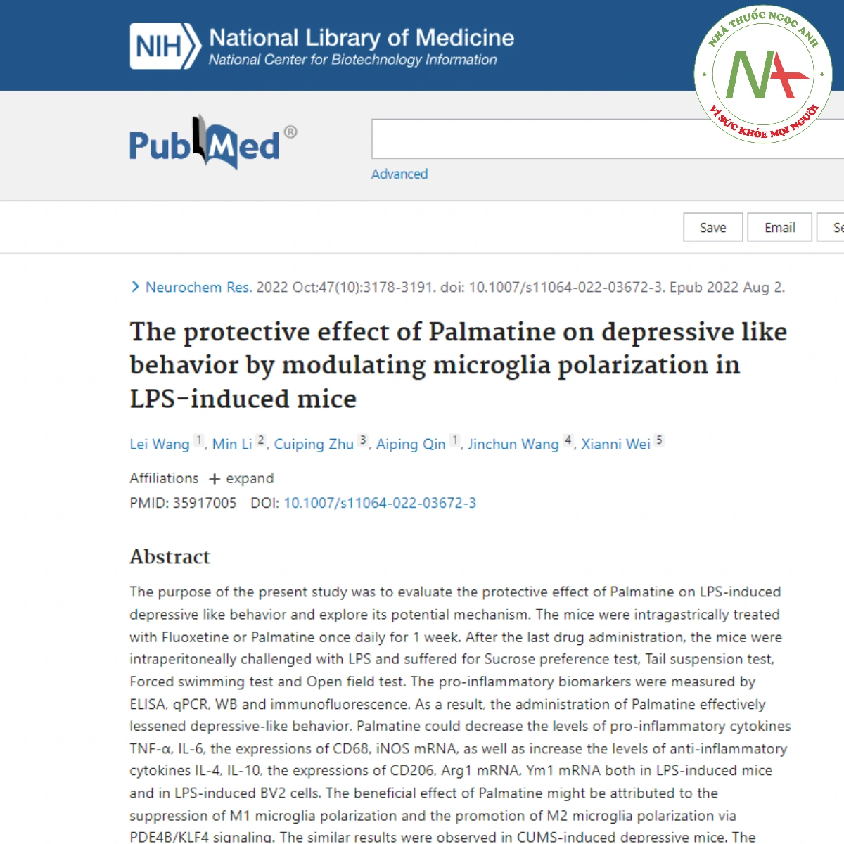 The protective effect of Palmatine on depressive like behavior by modulating microglia polarization in LPS-induced mice