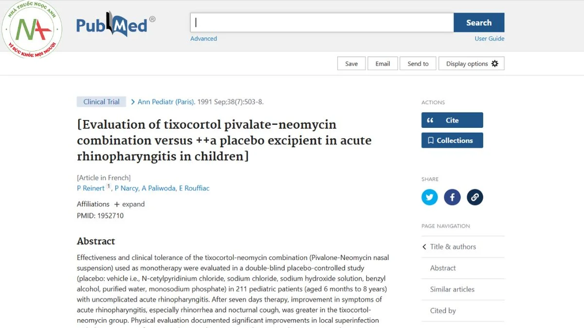 Evaluation of tixocortol pivalate-neomycin combination versus ++a placebo excipient in acute rhinopharyngitis in children