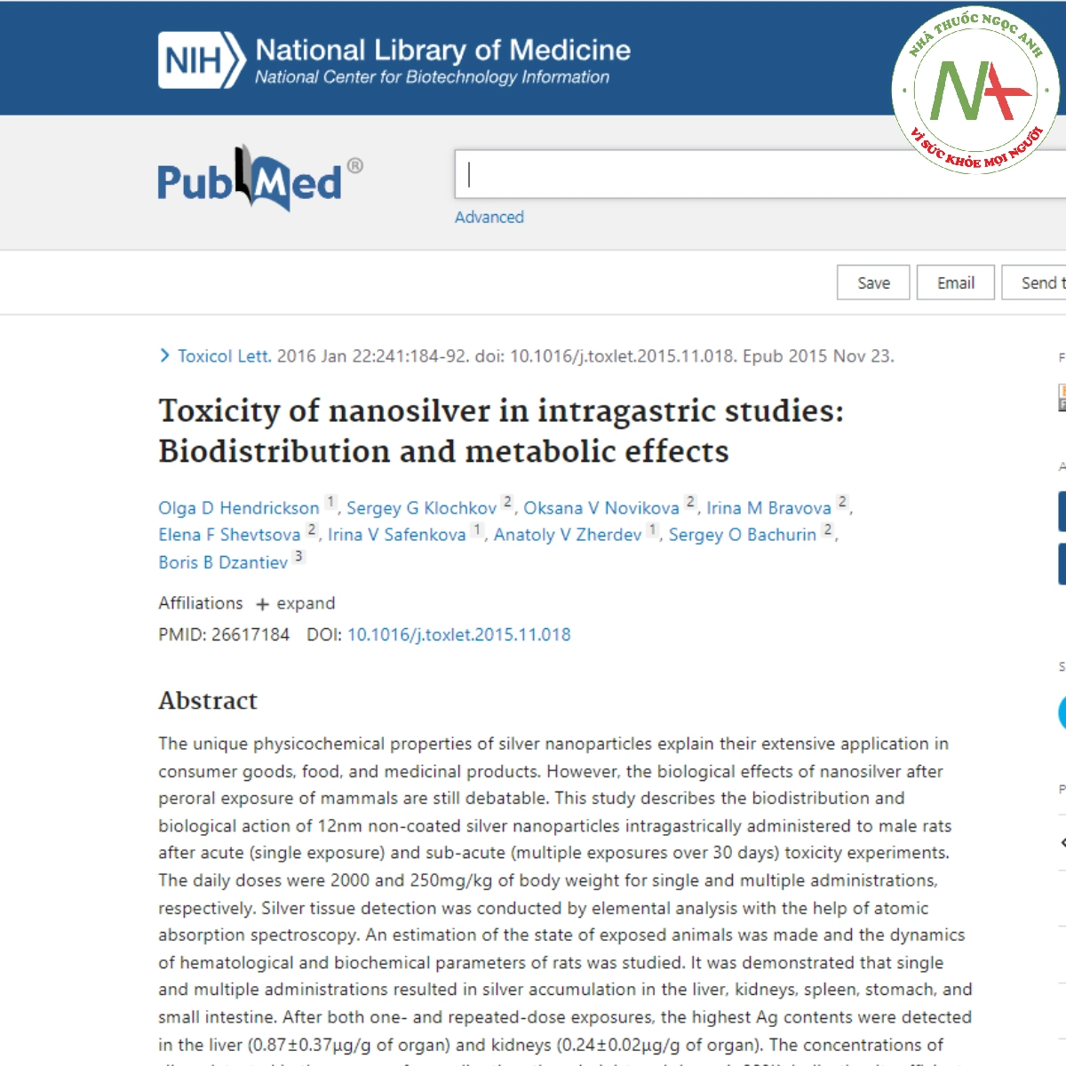 Toxicity of nanosilver in intragastric studies_ Biodistribution and metabolic effects