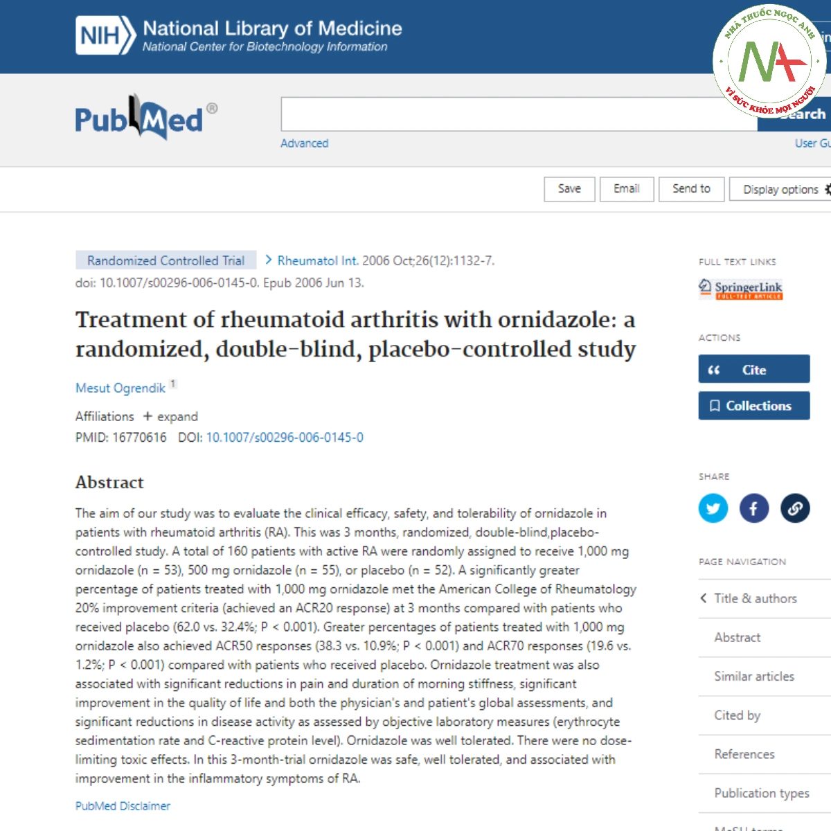 Treatment of rheumatoid arthritis with ornidazole_ a randomized, double-blind, placebo-controlled study