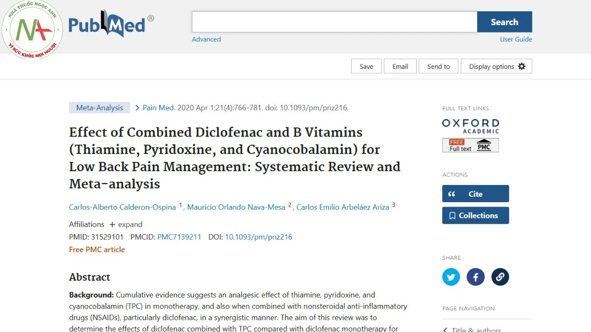 Effect of Combined Diclofenac and B Vitamins (Thiamine, Pyridoxine, and Cyanocobalamin) for Low Back Pain Management: Systematic Review and Meta-analysis