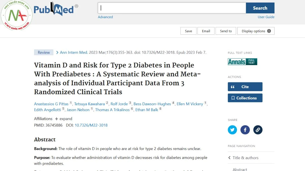 Vitamin D and Risk for Type 2 Diabetes in People With Prediabetes : A Systematic Review and Meta-analysis of Individual Participant Data From 3 Randomized Clinical Trials