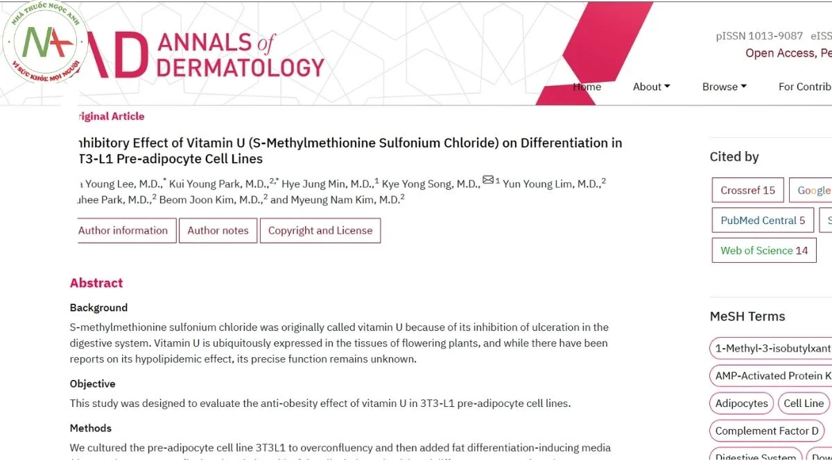Inhibitory Effect of Vitamin U (S-Methylmethionine Sulfonium Chloride) on Differentiation in 3T3-L1 Pre-adipocyte Cell Lines