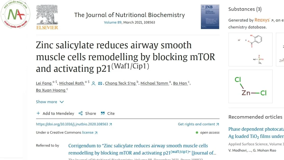 Zinc salicylate reduces airway smooth muscle cells remodelling by blocking mTOR and activating p21(Waf1/Cip1)