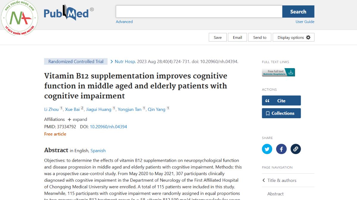 Vitamin B12 supplementation improves cognitive function in middle aged and elderly patients with cognitive impairment