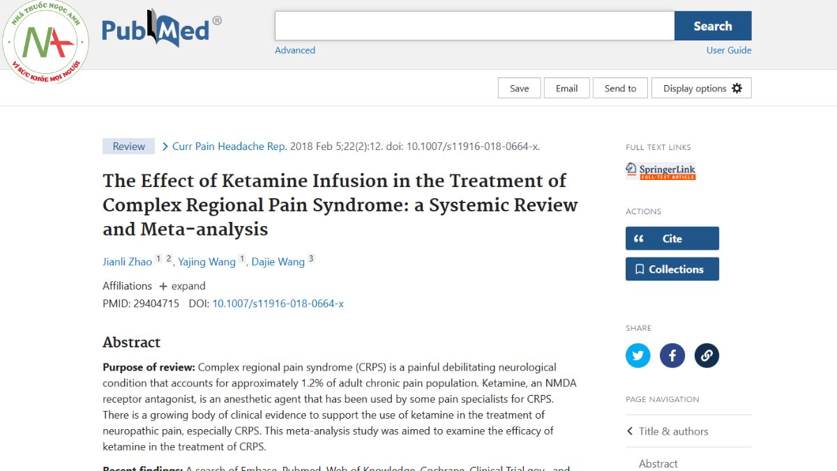 The Effect of Ketamine Infusion in the Treatment of Complex Regional Pain Syndrome: a Systemic Review and Meta-analysis