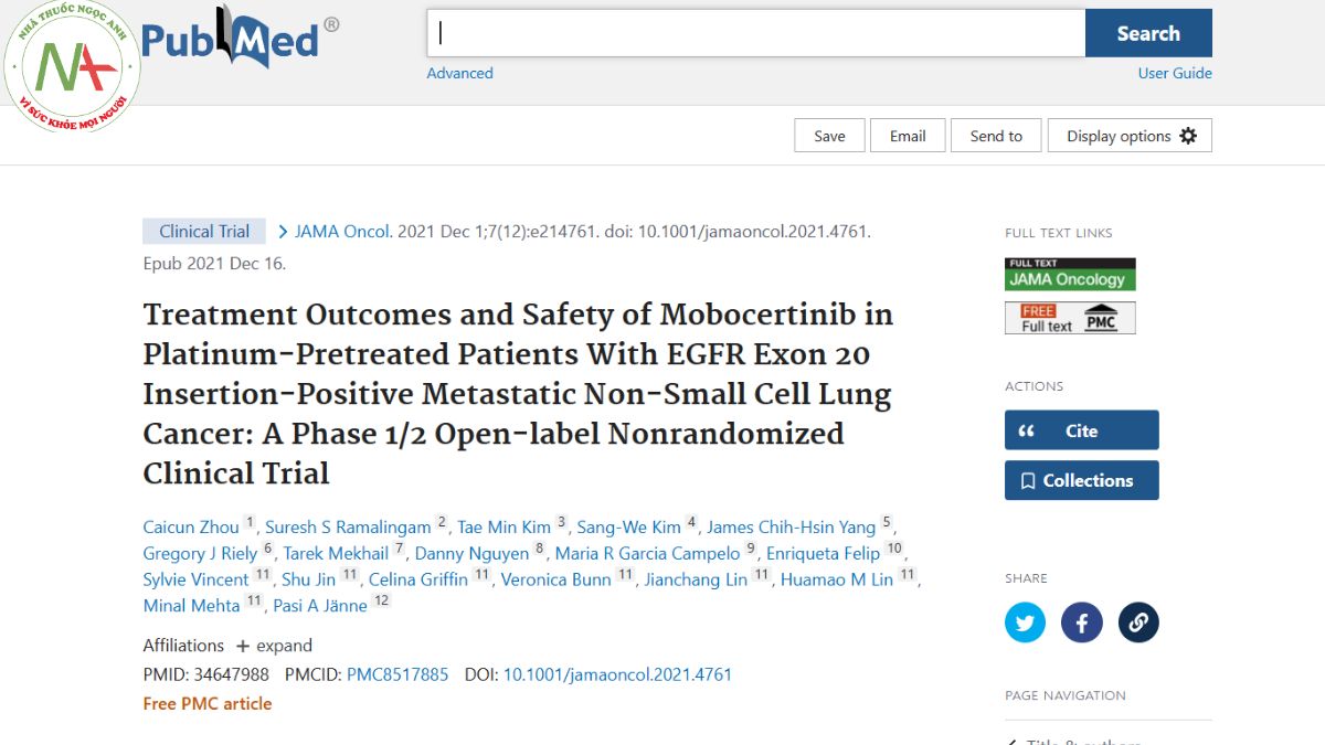 Treatment Outcomes and Safety of Mobocertinib in Platinum-Pretreated Patients With EGFR Exon 20 Insertion-Positive Metastatic Non-Small Cell Lung Cancer: A Phase 1/2 Open-label Nonrandomized Clinical Trial