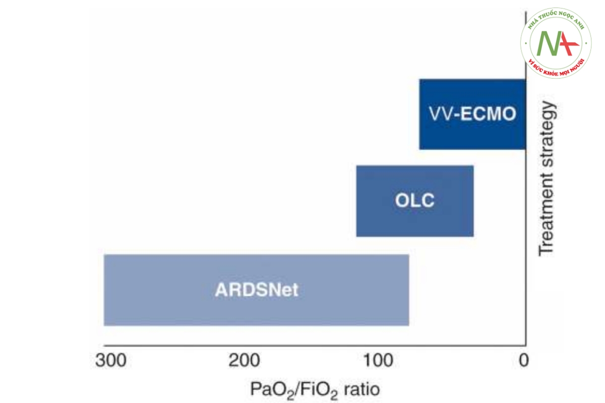 Hình 2 Chỉ định khái niệm phổi mở (OLC) trong Hội chứng nguy kịch hô hấp cấp tính (ARDS). Hình này thể hiện chỉ định cho giao thức ARDSNet, OLC và oxygen hóa qua màng ngoài cơ thể tĩnh mạch- tĩnh mạch (VV-ECMO) theo tỷ lệ PaO2/FiO2
